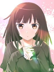 Rule 34 | 1girl, artist name, blunt bangs, breasts, brown eyes, brown hair, brown sweater, close-up, collarbone, commentary, expressionless, film grain, highres, kikumaru bunta, long sleeves, looking at viewer, medium hair, monogatari (series), own hands together, parted lips, pink background, portrait, sengoku nadeko, signature, small breasts, solo, straight-on, sweater, translated, upper body, w arms, white background
