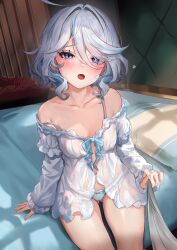 Rule 34 | 1girl, :o, ahoge, bare shoulders, blue eyes, bow, bow panties, collarbone, commentary request, drop-shaped pupils, furina (genshin impact), genshin impact, highres, hominamia, long sleeves, looking at viewer, off-shoulder shirt, off shoulder, open mouth, panties, shirt, short hair, sitting, solo, strap slip, symbol-shaped pupils, thighs, underwear, white hair, white shirt