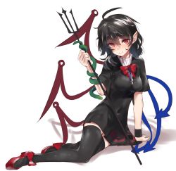 Rule 34 | 1girl, arm support, asuzemu, asymmetrical wings, black dress, black hair, black thighhighs, breasts, covered navel, dress, full body, hair between eyes, holding, holding weapon, houjuu nue, lying, medium breasts, medium hair, on side, polearm, red eyes, simple background, skin tight, smile, snake, solo, thighhighs, touhou, trident, weapon, white background, wings