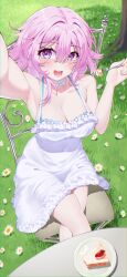 Rule 34 | 1girl, :d, absurdres, armpits, bare arms, bare shoulders, blue bra, blush, bra, breasts, cake, chair, choker, cleavage, commentary, covered navel, flower, food, fork, grass, hair between eyes, hand up, highres, himeliofon, holding, holding fork, honkai: star rail, honkai (series), large breasts, looking at viewer, march 7th (honkai: star rail), open mouth, pink hair, purple eyes, short hair, smile, solo, strawberry shortcake, thighs, tree, underwear, white flower