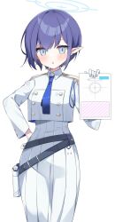 Rule 34 | 1girl, aoi (blue archive), blue archive, blue eyes, blue hair, blue necktie, collared jacket, gloves, halo, hand on own hip, highres, holding, holding paper, holster, jacket, long skirt, looking at viewer, mole, mole under eye, murase48, necktie, pants, paper, pointy ears, short hair, skirt, solo, standing, white gloves, white pants