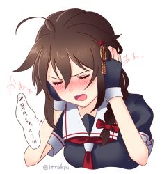 Rule 34 | 1girl, ahoge, arms up, black gloves, black shirt, blush, bow, braid, brown hair, cropped torso, facing viewer, fingerless gloves, gloves, hair between eyes, hair bow, hair over shoulder, hands on own head, ittokyu, kantai collection, long hair, nose blush, puffy short sleeves, puffy sleeves, red bow, sailor collar, shigure (kancolle), shigure kai ni (kancolle), shirt, short sleeves, side braid, simple background, single braid, solo, translation request, twitter username, upper body, white background, white sailor collar