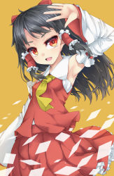 Rule 34 | 1girl, arm up, ascot, black hair, bow, cowboy shot, detached sleeves, frilled hair tubes, frilled skirt, frills, hair bow, hair tubes, hakurei reimu, highres, looking at viewer, medium hair, nontraditional miko, open mouth, pleated skirt, red bow, red eyes, red ribbon, red shirt, red skirt, ribbon, ribbon-trimmed sleeves, ribbon trim, shirt, simple background, skirt, smile, solo, standing, touhou, uumaru, white sleeves, wide sleeves, yellow ascot, yellow background