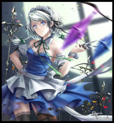 Rule 34 | 2girls, apron, between fingers, black legwear, blue eyes, border, bow, braid, breasts, cleavage, detached collar, female focus, flandre scarlet, hair bow, hand on own hip, holding, holding knife, izayoi sakuya, knife, knives between fingers, lace, maid, maid apron, maid headdress, multiple girls, ribbon, short hair, silver hair, solo focus, thighhighs, throwing knife, tidsean, torn clothes, touhou, twin braids, weapon