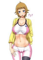 Rule 34 | 10s, 1girl, blue eyes, blush, breasts, brown hair, cameltoe, cleavage, cleft of venus, covered erect nipples, cowboy shot, fat mons, gegera, gluteal fold, gundam, gundam build fighters, gundam build fighters try, hand in pocket, hand on own thigh, highres, hoshino fumina, huge breasts, looking at viewer, midriff, navel, open mouth, short hair, simple background, solo, sweat, teeth, thigh gap, white background