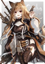 Rule 34 | 1girl, andou yuna, animal ears, arknights, boots, brown hair, brown jacket, brown thighhighs, ceobe (arknights), character name, commentary, dog ears, dog girl, dog tail, hand up, highres, holding, holding weapon, infection monitor (arknights), jacket, leg up, long hair, looking at viewer, material growth, open mouth, oripathy lesion (arknights), red eyes, solo, standing, standing on one leg, tail, thigh boots, thighhighs, weapon, weapon on back, wristband