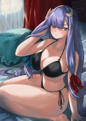Rule 34 | 1girl, adjusting hair, barefoot, bikini, blunt bangs, blush, breasts, cleavage, collarbone, commentary request, crescent, crescent hair ornament, curtains, frown, hair ornament, hair ribbon, halterneck, highres, kneeling, large breasts, long hair, navel, on bed, patchouli knowledge, purple eyes, purple hair, ribbon, side-tie bikini bottom, solo, swimsuit, toluda, touhou, underboob, window
