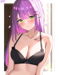 Rule 34 | 1girl, absurdres, bare shoulders, black bra, blush, border, bra, breasts, cleavage, collarbone, colored inner hair, dot nose, ear piercing, earrings, fang, green eyes, hair down, hair ornament, hairclip, heart, highres, hololive, jewelry, kkato, long hair, looking at viewer, medium breasts, mole, mole on body, mole on breast, multicolored hair, multiple earrings, multiple piercings, parted lips, piercing, pink hair, purple hair, raised eyebrows, solo, tattoo, tokoyami towa, underwear, upper body, virtual youtuber, white border