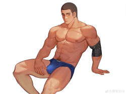 Rule 34 | 1boy, abs, absurdres, bara, blue male underwear, briefs, bulge, buzz cut, check copyright, copyright request, feet out of frame, highres, large pectorals, long sideburns, male focus, male underwear, muscular, muscular male, navel, navel hair, nipples, original, pectorals, short hair, sideburns, solo, stomach, sweat, thick eyebrows, thighs, topless male, underwear, underwear only, veins, veiny arms, very short hair, xiedaifenshi (7329016845)