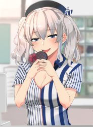 Rule 34 | 10s, 1girl, bad id, bad pixiv id, beret, box, breasts, candy, chocolate, chocolate heart, cleavage, clerk, employee uniform, food, hat, heart, heart-shaped box, kantai collection, kashima (kancolle), large breasts, lawson, long hair, looking at viewer, nuko (mikupantu), silver hair, solo, tsurime, twintails, uniform, valentine