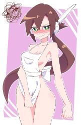 Rule 34 | 1girl, absurdres, aile (mega man zx), apron, bare shoulders, blush, breasts, brown hair, buzzlyears, cleavage, collarbone, green eyes, highres, holding apron, long hair, looking at viewer, medium breasts, mega man (series), mega man zx, mega man zx advent, naked apron, ponytail, robot ears, solo