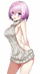 Rule 34 | 1girl, aran sweater, arched back, arm behind back, backless dress, backless outfit, bad id, bad twitter id, bare shoulders, blush, breasts, cable knit, cowboy shot, dress, fate/grand order, fate (series), hair between eyes, halterneck, harimoji, highres, looking at viewer, mash kyrielight, medium breasts, meme attire, naked sweater, open mouth, purple eyes, purple hair, ribbed sweater, short hair, sideboob, simple background, smile, solo, sweater, sweater dress, turtleneck, turtleneck sweater, virgin killer sweater, white background