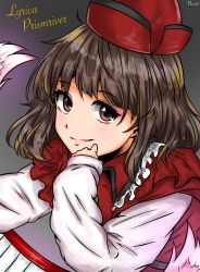 Rule 34 | 1girl, belt, blouse, blush, brown eyes, brown hair, character name, closed mouth, commentary request, eyelashes, gradient background, grey background, hand on own chin, hat, highres, instrument, keyboard (instrument), leaning forward, long sleeves, looking at viewer, lyrica prismriver, puffy sleeves, red hat, red shirt, shiraniwa rin, shirt, short hair, simple background, smile, solo, touhou, upper body, wings