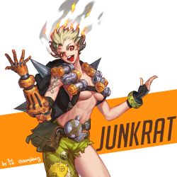 Rule 34 | 1girl, arm tattoo, artist name, bag, belt, belt pouch, black gloves, blonde hair, bracer, breasts, buckle, canteen, character name, collarbone, cowboy shot, explosive, fiery hair, fingerless gloves, fire, genderswap, genderswap (mtf), gloves, green shorts, grenade, hands up, harness, highres, junkrat (overwatch), looking at viewer, mechanical arms, mechanical hands, medium breasts, messy hair, open mouth, orange eyes, overwatch, overwatch 1, pouch, short hair, shorts, single glove, single mechanical arm, single mechanical hand, skull and crossbones, smoke, solo, spikes, standing, stomach, strap, tattoo, teeth, tire, tongue, tongue out, twitter username, underboob