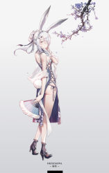 Rule 34 | 1girl, alternate costume, animal ears, arknights, ass, bare arms, bare shoulders, black footwear, blue dress, boots, braid, character name, commentary, dress, folding fan, french braid, frostnova (arknights), full body, gradient background, grey background, grey eyes, hair over one eye, hand fan, high heel boots, high heels, holding, holding fan, long hair, looking at viewer, rabbit ears, rabbit tail, shawl, silver hair, solo, standing, tail, thighs, xion32