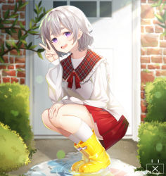 Rule 34 | 1girl, :d, absurdres, blurry, blurry background, boots, bow, brick wall, depth of field, door, eyebrows hidden by hair, fingernails, frilled sailor collar, frills, full body, grey hair, hair between eyes, head tilt, highres, long sleeves, open mouth, original, plaid, plaid sailor collar, pleated skirt, puddle, purple eyes, red bow, red sailor collar, red skirt, reflection, ripples, round teeth, rubber boots, sailor collar, school uniform, serafuku, shirt, skirt, sleeves past wrists, smile, socks, solo, squatting, teeth, the cold, upper teeth only, v, water, white shirt, white socks, yellow footwear