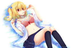 Rule 34 | 1girl, :p, bad id, bad pixiv id, black socks, blonde hair, bra, character request, food, hair ornament, kneehighs, liong, lying, navel, off shoulder, on back, open clothes, open shirt, panties, pantyshot, partially submerged, pleated skirt, popsicle, school uniform, shirt, short hair, skirt, socks, solo, strap slip, tongue, tongue out, underwear, upskirt, water, wet, wet clothes, yellow eyes