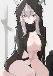 Rule 34 | 1girl, absurdres, arknights, asususususu, bare legs, barefoot, between legs, black cloak, blush, bound, breasts, brown eyes, cloak, closed mouth, commentary request, demon horns, hair between eyes, hair ornament, hand between legs, highres, hood, hooded cloak, horns, large breasts, lips, long hair, looking at viewer, open cloak, open clothes, seiza, shining (arknights), silver hair, simple background, sitting, solo, sweat, thighs, very long hair, white background