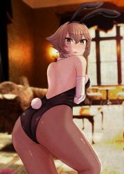 Rule 34 | 1girl, animal ears, ass, bare shoulders, black leotard, blurry, breasts, brown eyes, brown hair, brown pantyhose, couch, cowboy shot, depth of field, detached collar, elbow gloves, fake animal ears, from behind, gloves, jouzaburou (joe3), kantai collection, leaning forward, leotard, looking at viewer, looking back, medium breasts, mutsu (kancolle), pantyhose, photo background, playboy bunny, rabbit ears, rabbit tail, short hair, sideboob, solo, strapless, strapless leotard, tail, two-tone background, white gloves, window