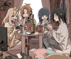 Rule 34 | 4girls, antenna hair, barefoot, black eyes, black hair, blonde hair, blouse, blue eyes, blush, bottle, bow, brown eyes, brown hair, can, cardigan, cellphone, commentary request, controller, drink, drinking, food, friends, from side, full body, game controller, grey hair, grey pants, grey shirt, hair bow, hair ornament, hibike! euphonium, holding, holding can, holding controller, holding game controller, indoors, kasaki nozomi, long hair, long sleeves, looking at another, looking at viewer, multiple girls, nakagawa natsuki, nose blush, open mouth, pants, parted bangs, phone, pillow, plant, playing, ree (re-19), room, scarf, shirt, short eyebrows, short ponytail, sidelocks, sitting, smartphone, smile, table, teeth, television, tin can, translation request, yellow bow, yellow scarf, yoroizuka mizore, yoshikawa yuuko