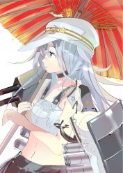 Rule 34 | 10s, 119, 1girl, blue eyes, blue hair, breasts, hammer and sickle, hat, hibiki (kancolle), kantai collection, long hair, matching hair/eyes, midriff, navel, oil-paper umbrella, small breasts, solo, star (symbol), turret, umbrella, verniy (kancolle)