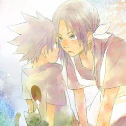 Rule 34 | 1boy, 1girl, age difference, apron, bent over, cat, eye contact, frown, long hair, looking at another, mother and son, naruto, naruto (series), satou yuri, tears, uchiha mikoto, uchiha sasuke, aged down