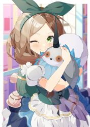 Rule 34 | 1girl, absurdres, applepie 1201, atelier (series), atelier firis, backpack, bag, blurry, blurry background, blush, bookshelf, bow, brown hair, closed mouth, dress, firis mistlud, green eyes, hair bow, hairband, highres, holding, long hair, looking at viewer, official alternate costume, one eye closed, puffy short sleeves, puffy sleeves, short sleeves, smile, solo, stuffed animal, stuffed toy