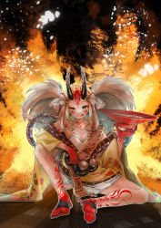 Rule 34 | absurdres, alcohol, blonde hair, breasts, burning, cleavage, cup, fate/grand order, fate (series), feet, fire, fire, floral print, highres, horns, ibaraki douji (fate), japanese clothes, kimono, legs, licking lips, long hair, looking at viewer, monster girl, oni, sakazuki, sake, sitting, tattoo, toes, tongue, tongue out, yellow kimono