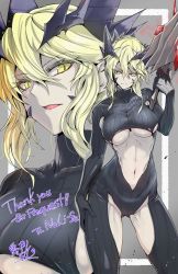 Rule 34 | 1girl, absurdres, artoria pendragon (fate), artoria pendragon (lancer alter) (fate), blonde hair, breasts, center opening, dark persona, dark rhongomyniad, fate/grand order, fate (series), hair between eyes, hand on own thigh, highres, holding, holding weapon, horns, large breasts, revealing clothes, rhongomyniad (fate), sidelocks, torichamaru, underboob, weapon, yellow eyes