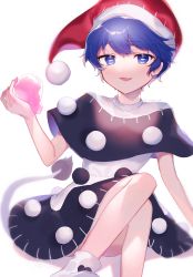 Rule 34 | 1girl, absurdres, blob, bloom, blue eyes, blue hair, blurry, depth of field, doremy sweet, dream soul, dress, feet out of frame, hat, highres, holding, looking at viewer, nemachi, open mouth, pom pom (clothes), short hair, simple background, solo, swept bangs, tail, touhou, white background