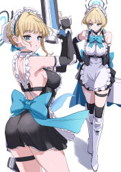 Rule 34 | 1girl, absurdres, apron, backless dress, backless outfit, black dress, black gloves, black thighhighs, blonde hair, blue archive, blue bow, blue eyes, blue ribbon, bow, cowboy shot, dress, elbow gloves, fingerless gloves, frilled apron, frills, full body, gloves, gun, hair ribbon, halo, highres, holding, holding gun, holding weapon, holster, looking at viewer, maid, maid headdress, multiple views, parted lips, pizzasi, pouch, ribbon, short hair, simple background, sketch, solo, thigh holster, thigh strap, thighhighs, toki (blue archive), waist bow, weapon, white apron, white footwear