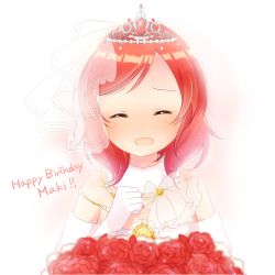 Rule 34 | 1girl, ^ ^, blurry, blush, bouquet, brooch, character name, clenched hand, closed eyes, depth of field, closed eyes, facing viewer, flower, fur collar, gem, glint, gloves, hand on own chest, happy birthday, jewelry, love live!, love live! school idol festival, love live! school idol project, medium hair, nishikino maki, open mouth, pimi (ringsea21), red flower, red hair, red rose, rose, red gemstone, smile, solo, tiara, upper body, veil, white gloves