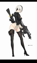 Rule 34 | 1girl, 2b (nier:automata), artist name, assault rifle, benelli m4 super 90, black dress, black footwear, black gloves, black hairband, black shirt, black thighhighs, blindfold, boots, breasts, brown thighhighs, cleavage, cleavage cutout, clothing cutout, combat shotgun, contrapposto, covered eyes, cropped shirt, dress, dual-mode shotgun, feather-trimmed sleeves, feather trim, full body, gloves, gluteal fold, grey leotard, groin, gun, gun on back, h&amp;k g36c, hair between eyes, hairband, high heel boots, high heels, highleg, highleg leotard, highres, holding, holding gun, holding weapon, holster, jiaoshouxingfa, juliet sleeves, legs apart, leotard, letterboxed, long sleeves, medium breasts, mole, mole under mouth, nier:automata, nier (series), no pants, parted lips, pod (nier:automata), puffy sleeves, pump-action shotgun, pump action, rifle, semi-automatic firearm, semi-automatic shotgun, shirt, short hair, shotgun, silver hair, simple background, skin tight, skindentation, skirt, sniper rifle, solo, spas-12, standing, thigh boots, thigh holster, thigh strap, thighhighs, thighhighs under boots, trigger discipline, turtleneck, unworn skirt, vambraces, weapon, weapon on back, white background