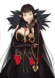 Rule 34 | 1girl, arm under breasts, black dress, black hair, breasts, commentary, covering own mouth, detached sleeves, dress, english commentary, fate/apocrypha, fate (series), hand over own mouth, hand up, large breasts, long hair, looking at viewer, pointy ears, semiramis (fate), simple background, smile, solo, sunna (nilsunna), very long hair, white background, yellow eyes