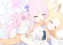 Rule 34 | 2girls, animal ear fluff, animal ears, bare shoulders, blonde hair, blue archive, blush, breasts, buttons, capelet, dabuki, detached sleeves, double-breasted, dress, feathered wings, flower, forehead, fox ears, gradient eyes, hair bun, hair flower, hair ornament, hair scrunchie, halo, highres, large breasts, long hair, looking at viewer, low wings, mika (blue archive), multicolored eyes, multiple girls, necktie, open mouth, parted bangs, pink hair, sailor collar, scrunchie, seia (blue archive), sidelocks, single side bun, sleeves past fingers, sleeves past wrists, small breasts, white capelet, white dress, white sailor collar, wings, yellow eyes