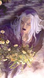 Rule 34 | 1boy, absurdres, closed mouth, coat, commentary, corpse, death, english commentary, closed eyes, feet out of frame, flower, highres, jojo no kimyou na bouken, leone abbacchio, light purple hair, lipstick, long hair, long sleeves, lying, makeup, male focus, on back, outdoors, pants, purple coat, purple lips, purple pants, solo, spoilers, vento aureo, vesta zc, yellow flower