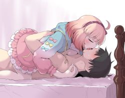 Rule 34 | 1boy, 1girl, ahoge, bed sheet, black hair, blush, bow, breast press, breasts, breasts out, chieru (princess connect!), chieru (school festival) (princess connect!), closed eyes, clothed female nude male, clothed sex, clothes lift, french kiss, frilled skirt, frills, girl on top, hairband, hug, jacket, kiss, long sleeves, lying, maruzen18, nude, on back, on bed, pink skirt, princess connect!, shirt lift, skirt, tongue, tongue out
