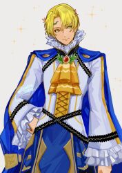 Rule 34 | 1boy, alfred (fire emblem), ascot, blonde hair, blue cape, cape, circlet, fire emblem, fire emblem engage, frills, hand on own hip, highres, lamb (contra entry), long sleeves, looking to the side, male focus, nintendo, shirt, short hair, solo, white background, white shirt, yellow ascot, yellow eyes