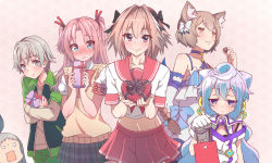 Rule 34 | 10s, 6+boys, :&gt;, :3, animal ear fluff, animal ears, arikawa hime, armband, arms up, astolfo (fate), astolfo (sailor paladin) (fate), bag, bare shoulders, blend s, blouse, blue choker, blue eyes, blue hair, blue skirt, blush, box, braid, braided ponytail, brooch, cat boy, cat ears, chocolate, choker, collarbone, commentary, cowboy shot, crossed arms, crossover, dress, elbow gloves, embarrassed, english commentary, fang, fang out, fate/grand order, fate (series), felix argyle, food, gift, gift bag, gift box, gloves, green pants, hacka doll, hacka doll 3, hair between eyes, hair ribbon, heart-shaped box, highres, himegoto, holding, holding bag, holding box, holding chocolate, holding food, hugging object, jacket, jewelry, kanzaki hideri, kukie-nyan, layered sleeves, leaning forward, light brown hair, long hair, long sleeves, looking at another, looking at viewer, male focus, midriff, multiple boys, multiple crossover, o o, official alternate costume, open mouth, orange eyes, pants, pantyhose, parted bangs, pink background, pink eyes, pink hair, plaid, plaid skirt, pleated skirt, purple eyes, re:zero kara hajimeru isekai seikatsu, red sailor collar, red skirt, ribbon, sailor collar, school uniform, serafuku, shirt, short hair, short over long sleeves, short sleeves, silver hair, single braid, skirt, sleeveless, sleeveless dress, smile, standing, sweater vest, totsuka saika, track jacket, trait connection, trap, twintails, upper body, valentine, white gloves, white shirt, yahari ore no seishun lovecome wa machigatteiru.
