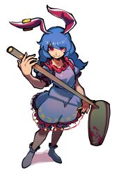 Rule 34 | 1girl, animal ears, black footwear, black pantyhose, blue dress, blue hair, closed mouth, crescent print, dress, earclip, full body, highres, holding, iganashi1, kine, long hair, mallet, one-hour drawing challenge, pantyhose, rabbit ears, red eyes, seiran (touhou), shoes, short sleeves, simple background, smile, solo, star (symbol), star print, touhou, white background