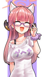 Rule 34 | 1girl, :d, absurdres, adjusting eyewear, alternate costume, animal ears, aru (blue archive), blue archive, blunt bangs, casual, cat ears, collarbone, commentary, demon girl, demon horns, english commentary, fake animal ears, glasses, halo, highres, hm (hmongt), horns, long hair, looking at viewer, looking to the side, nervous sweating, open mouth, red hair, scrunchie, shirt, short sleeves, sidelocks, simple background, smile, solo, sweat, t-shirt, translation request, two-tone background, white background, white shirt, wrist scrunchie