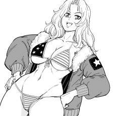 Rule 34 | 1girl, absurdres, american flag bikini, american flag print, american flag swimsuit, bb (baalbuddy), bikini, bomber jacket, breasts, cleavage, curvy, female focus, flag print, front-tie bikini top, front-tie top, girls und panzer, greyscale, hands on own hips, highres, jacket, kay (girls und panzer), large breasts, linea alba, looking at viewer, military vehicle, monochrome, motor vehicle, navel, open clothes, open jacket, plunging neckline, print bikini, smile, solo, straight hair, swimsuit, tank, teeth, toned, underboob, upper teeth only, wide hips