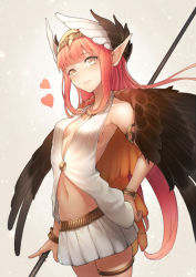 Rule 34 | 1girl, armlet, armpits, bad id, bad pixiv id, bare shoulders, black wings, blue eyes, blush, bracelet, breasts, brown background, brown eyes, circe (fate), closed mouth, cowboy shot, fate/grand order, fate (series), feathered wings, gradient background, hairband, hand on own hip, head wings, holding, holding staff, jewelry, kyoeiki, lips, long hair, miniskirt, multicolored eyes, navel, necklace, pink hair, pleated skirt, pointy ears, skirt, small breasts, smile, solo, staff, standing, stomach, tareme, thigh strap, very long hair, white skirt, wings