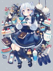 1girl belt blue_footwear blue_hair blue_socks blush book bookmark bow box breasts cake cake_slice ceeras_(iriam) cherry closed_mouth cone_hair_bun cookie cup cupcake dot_mouth dot_nose double_bun dress drink ear_piercing food footwear_bow fruit full_body grey_background hair_bun highres holding holding_cup holding_plate hourglass iriam long_sleeves macaron miria_(iriam) multicolored_hair piercing plant plate pudding puffy_long_sleeves puffy_sleeves purple_eyes second-party_source shoes short_hair socks strawberry sugar_cube tabi_0v0 teacup teapot two-tone_hair two_side_up white_bow white_hair