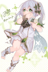 Rule 34 | 1girl, absurdres, bloomers, bracelet, cape, closed mouth, clover-shaped pupils, dress, full body, genshin impact, green eyes, hair ornament, harikomi, highres, jewelry, looking at viewer, medium hair, nahida (genshin impact), side ponytail, signature, simple background, sleeveless, smile, solo, symbol-shaped pupils, twitter username, underwear, white background, white cape, white dress, white footwear, white hair
