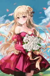 Rule 34 | 1girl, absurdres, asymmetrical legwear, bare shoulders, black ribbon, black thighhighs, blonde hair, blue sky, blurry, blurry background, blush, bouquet, braid, breasts, chie (user snfh8333), cleavage, closed mouth, cloud, cloudy sky, collarbone, commentary, cowboy shot, crossed bangs, day, dress, falling petals, floating hair, flower, hair between eyes, hair flower, hair ornament, hair ribbon, highres, holding, holding bouquet, jewelry, long hair, long sleeves, looking at viewer, medium breasts, necklace, off-shoulder dress, off shoulder, original, outdoors, petals, purple eyes, red dress, ribbon, rose, rose petals, sky, smile, solo, symbol-only commentary, thighhighs, uneven legwear, very long hair, white flower, white rose, yellow flower, yellow rose