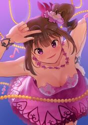 Rule 34 | 1girl, bare shoulders, blush, breasts, brown hair, cleavage, collarbone, dress, earrings, flower, flower earrings, flower necklace, from above, hair flower, hair ornament, hand on own hip, idolmaster, idolmaster million live!, idolmaster million live! theater days, jewelry, kamille (vcx68), looking at viewer, medium breasts, necklace, pink dress, purple eyes, side ponytail, sleeveless, sleeveless dress, solo, strapless, strapless dress, yokoyama nao