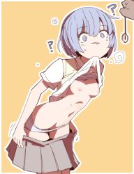 Rule 34 | 1girl, ?, @ @, blue hair, breasts, clothes lift, clothes pull, highres, hypnosis, mind control, mouth hold, navel, nipples, nns (sobchan), shirt lift, simple background, skirt, skirt pull, small breasts, solo focus, undressing, yellow background