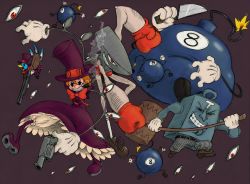 Rule 34 | absurdres, andy anvil, avery (skullgirls), black eyes, bomb, boxing gloves, cigar, dress, explosive, george the bomb, gloves, grin, gun, hammer, handgun, hat, highres, knife, lab zero games, lenny the bomb, mechanical arms, mouth hold, orange hair, peacock (skullgirls), pistol, red eyes, ribbon, skullgirls, smile, tommy ten-tons, top hat, weapon