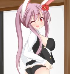 Rule 34 | 1girl, alternate hairstyle, animal ears, ass, black bra, black panties, blush, bra, breasts, rabbit ears, chimunge, dress shirt, female focus, flower, hair flower, hair ornament, hairclip, highres, long hair, long sleeves, no pants, no tail, one eye closed, open clothes, open shirt, open vest, panties, ponytail, reisen udongein inaba, shirt, solo, touhou, underwear, very long hair, vest, wink